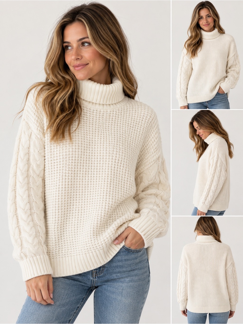 MICHAEL Michael Kors Cream Cable-Sleeve Turtleneck Sweater